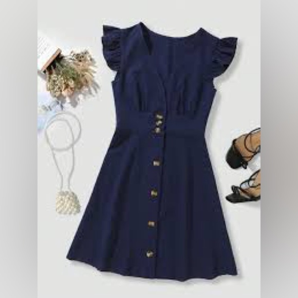 Fashion Nova Navy Blue Button-Down Dress with Ruffle Sleeves size L (8-10)